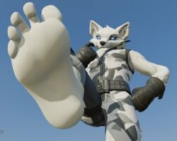 3d_model blue_eyes feet fetish foot_fetish foot_focus furry imminent_stomp looking_at_viewer looming_foot soles stomp toes volpez_(fortnite)