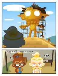 2025 adora_(bloons) adora_(bloons_tower_defense) argysaur ass bloons_tower_defense english_text eyewear female genitals glasses gold_(metal) golden_statue hair haplorhine hi_res mammal monkey monkey_girl ninja_kiwi nude open_mouth outside patch_(bloons) ponytail primate pussy sculpture smile standing statue tail text working