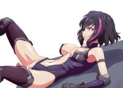 1boy bar_censor black_gloves black_hair boots breasts censored center_opening clam_curry clothing_aside commentary_request cum cum_in_pussy detached_sleeves disembodied_penis expressionless female from_side girls'_frontline gloves highres large_breasts leotard leotard_aside lying multicolored_hair navel nipples no_eyewear on_back parted_lips penis purple_eyes purple_hair purple_leotard purple_sleeves ripper_(girls'_frontline) sangvis_ferri sex short_hair simple_background straight streaked_hair thigh_boots vaginal_penetration variant_set white_background