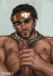 1boy apex_legends beard biting_lip dark_hair dark_hair_male ddonialt goggles gray_background hairy jerking looking_at_viewer male male_only masturbation mirage_(apex_legends) penis solo