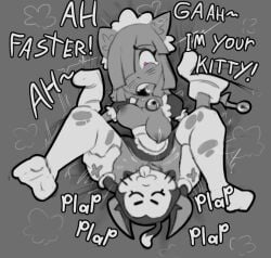 brawl_stars breasts colette_(brawl_stars) dialogue kit_(brawl_stars) licking_pussy moaning monochrome pinku_pawlette