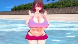 bete_noire betty_noire big_breasts big_breasts blush brown_hair glitchtale huge_boobs huge_breasts open_mouth red_eyes red_hair red_skirt sand short_hair skirt trees visible_nipples water
