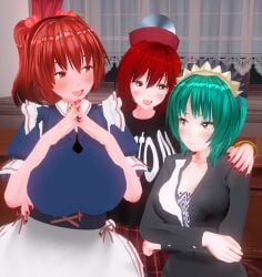 3d 3girls chinkaigyogyo eiki_shiki hecatia_lapislazuli komachi_onozuka large_breasts red_eyes red_hair smile touhou