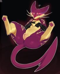 absurd_res anus bell bell_collar black_background chest_tuft clitoris clothed clothed_feral clothing collar female feral generation_5_pokemon genitals gloves handwear hi_res humanoid_genitalia humanoid_pussy latex latex_clothing latex_gloves latex_handwear legs_up liepard lying nintendo on_back pawpads plump_labia pokemon pokemon_(species) pussy simple_background smile solo tuft vilf whiskers