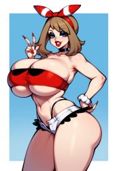 1girls adapted_costume ai_generated areola ass bare_arms big_breasts bimbo bimbo_body bimbo_lips bimbofication bimbofied breasts breasts_bigger_than_head choker cleavage collarbone colored_nails denim eyeshadow female hair_ribbon hairband hairbow half-closed_eyes hand_on_hip hand_up huge_ass huge_breasts lipstick long_eyelashes long_nails looking_at_viewer massive_breasts may_(pokemon) may_(pokemon_oras) micro_shorts navel novelai peace_sign pokemon pokemon_oras pokemon_rse scrunchie seductive seductive_eyes seductive_look seductive_smile sexy sexy_pose short_shorts shorts simple_background smile smirk solo solo_female strapless teeth teeth_showing tgm101_(artist) thick_lips thick_thighs thin_waist thong thong_above_shorts three-quarter_portrait three-quarter_view tube_top tubetop unbuttoned unbuttoned_shorts underboob wide_hips wrist_scrunchie