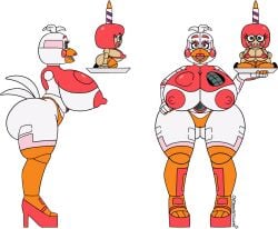 candle captainhornybotld chicken chicken_girl cupcake five_nights_at_freddy's funtime_chica_(fnaf) funtime_cupcake_(fnaf) heels orange_panties panties pink_heels plate underwear white_feathers