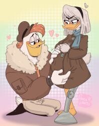 amputee anseriform avian aviator_jacket baby blue_scarf blushing_female blushing_male colored_background della_duck disabled disney disney_xd duckbutts ducktales embarrassed embarrassed_female happy launchpad_mcquack love orange_hair pregnant pregnant_female scarf tie wholesome