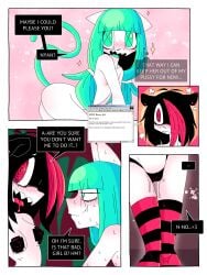 absurd_res anthro blue_eyes blue_tail blush bodily_fluids breasts clothing comic dialogue duo ear_piercing felid female female/female flat_chested genital_fluids girl_a girl_b hair hi_res mammal nipple_tape nipples nude pasties piercing ponporio red_eyes red_hair tail tape teeth the_disappearance_of_girl_a thong underwear vaginal_fluids