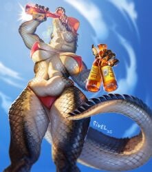 alcohol anthro baseball_cap beer beer_bottle beverage bikini bottle breasts camel_toe claws clothed clothing container countershading crocodile crocodilian digital_media_(artwork) drinking female fivel hat headgear headwear hi_res holding_bottle holding_container holding_object lens_flare navel nipple_outline non-mammal_breasts non-mammal_navel outside red_bikini red_clothing red_swimwear reptile scales scalie sky solo swimwear tail teeth two-piece_swimsuit white_body white_countershading white_scales
