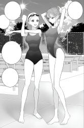 2.5_jigen_no_ririsa adjusting_hair amano_ririsa armpits arms_up bare_arms bare_legs bare_shoulders bare_thighs barefoot belly_button_visible_through_clothing big_breasts black_and_white breasts feet groin hashimoto_yuu highleg_swimsuit long_legs manga medium_breasts official_art one-piece_swimsuit open_mouth outdoors poolside school_swimsuit smile standing stretching swimming_cap swimming_goggles swimming_pool swimsuit tachibana_mikari thighs toes