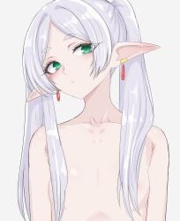 1girls 2020s 2025 areolae bare_shoulders barely_visible_nipples blush breasts closed_mouth collarbone completely_nude completely_nude_female convenient_censoring earrings elf elf_ears elf_female female flat_chest flat_chested frieren green_eyes hair_censor head_tilt jewelry light-skinned_female light_skin long_hair looking_at_viewer mustee neck nipples nude nude_female parted_bangs pink_nipples pointy_ears shoulders simple_background skinny small_breasts solo sousou_no_frieren thick_eyebrows twintails upper_body white_background white_skin