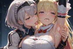 2girls ai_generated armpits arms_up blonde_hair blush cum cum_in_mouth cum_on_armpit cum_on_breasts facial green_eyes holoforce hololive hololive_fantasy hololive_japan large_breasts purple_eyes sheep_girl sheep_horns shirogane_noel silver_hair tongue_out tsunomaki_watame virtual_youtuber