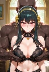 ai_generated beard_stubble blush breast_grab cheating_wife dark-skinned_male embarrassed hairy_male large_breasts lingerie looking_at_viewer ntr sad_smile spy_x_family yor_briar yor_forger