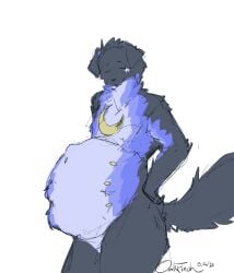 absurd_res andromorph anthro belly big_belly canid canine cuntboy digital_media_(artwork) fluffy fluffy_tail fur hair hi_res huge_belly intersex male mammal markings meri_(oakfinch) moon_(marking) multicolored_body multicolored_fur nipples nude oakfinch pregnant_anthro pregnant_male signature simple_background sketchy smile solo star_(marking) tail tuft watermark