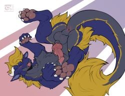 animal_genitalia anus arch_(goodornot) balls blep bodily_fluids claws dragon dripping feral fur furred_dragon furred_scalie genital_fluids genitals grey_body grey_fur hi_res knot male mythological_creature mythological_scalie mythology penis perineum pink_anus pink_knot pink_penis precum precum_drip purple_body purple_fur scalie sheath solo thesecretcave tongue tongue_out white_claws yellow_body yellow_fur