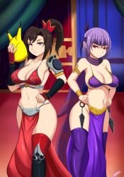 2d 2d_(artwork) 2d_artwork 2girls armpits ayane_(doa) bandana bandana_on_head bare_armpits bare_arms bare_midriff bare_shoulders bare_thighs belly_button big_breasts bikini bikini_top black_sleeve black_sleeves bra bracelet breasts brown_eyes brown_hair cleavage cosplay crossover crossover_cosplay curtains dead_or_alive dead_or_alive_xtreme_beach_volleyball dead_or_alive_xtreme_venus_vacation female female_only gold_(metal) gold_bracelets gold_jewelry golden_bracelets green_curtains hair_tie huge_breasts inner_sideboob keaton_mask knee_cap kunai large_breasts light-skinned_female light_skin loincloth long_hair long_scarf mask mask_removed medium_boobs midriff morris morris1611 multiple_girls navel ponytail purple_bandana purple_bandanna purple_bikini purple_bikini_top purple_bra purple_eyes purple_hair purple_loincloth purple_scarf purple_thighhighs red_bikini red_bikini_top red_bra red_carpet red_hair_tie red_loincloth red_thighhighs return_of_the_jedi scarf sholder_pads short_hair sidelocks slave slave_bikini slave_collar slave_leia slave_leia_(cosplay) slave_outfit slavegirl sleeves soul_calibur star_wars taki taki_(doa) thick_thighs thighhighs throne_room underboob