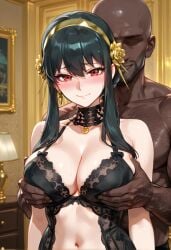 ai_generated beard_stubble blush breast_grab cheating_wife dark-skinned_male embarrassed hairy_male large_breasts lingerie looking_at_viewer ntr sad_smile spy_x_family yor_briar yor_forger