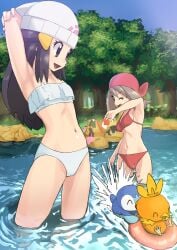 armpits bandana bare_arms bare_belly bare_legs bare_shoulders bare_thighs belly_button bikini blue_eyes blue_hair blush breasts brown_hair collarbone dawn_(pokemon) hairclip hat long_hair may_(pokemon) medium_breasts medium_hair one_eye_closed open_mouth outdoors pokemon red_bikini river sideboob small_breasts smile standing stretching thighs unworn_clothes wading water white_bikini yachi_(fujiyasu0616)