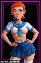 ai_generated ben_10 breasts ginger green_eyes gwen_tennyson miniskirt orange_hair pdbai school_uniform schoolgirl skirt tagme underboob
