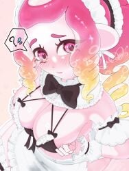1girls ? black_bow black_bowtie blonde_to_pink_hair blush bow bowtie breast_squeeze breasts cleavage curly_hair female lapis_peak large_breasts long_hair looking_at_viewer maid maid_headdress maid_outfit maid_uniform navel nintendo octoling octoling_girl original_character pink_eyes skirt solo solo_female solo_focus splatoon splatoon_3 tentacle_hair two_tone_hair