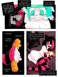 absurd_res anthro anus blue_eyes blue_tail blush breasts clothing comic dialogue dildo duo ear_piercing felid female female/female genitals girl_a girl_b hair hi_res legwear mammal nipples nude pattern_clothing pattern_legwear piercing ponporio pussy red_eyes red_hair sex_toy striped_clothing striped_legwear stripes stripped_armwear tagme tail teeth the_disappearance_of_girl_a