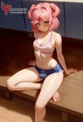 1futa 1girls 2d ai_generated ass bangs barefeet big_ass bra breasts doki_doki_literature_club erection erection_under_clothes erophoenix feet female female_focus full_body futanari looking_at_viewer looking_back natsuki_(doki_doki_literature_club) nude pale_skin pale_skinned_female patreon_username pink_eyes pink_hair small_breasts small_penis smile soles solo solo_female sweat thick thick_thighs toes uncensored