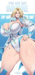 blonde_hair blue_eyes breasts cleavage coolpsyco106 emma_frost emma_frost_(marvel_rivals) hand_on_hip hourglass_figure huge_breasts marvel marvel_rivals sweat sweaty_thighs thick_thighs thighs thighs_bigger_than_head thighs_thicker_than_head wide_hips