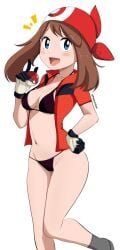 bandana bare_belly bare_legs bare_thighs belly_button bikini black_bikini blue_eyes blush breasts brown_hair cleavage collarbone full_body gloves groin hand_on_own_hip may_(pokemon) medium_breasts medium_hair open_mouth open_shirt pabsmikan pokeball pokemon red_shirt shirt short_sleeves smile standing thighs