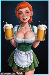 ai_generated beer ben_10 breasts cleavage dirndl ginger green_eyes gwen_tennyson large_breasts oktoberfest orange_hair pdbai skirt tagme
