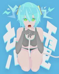 bikini blue_background blue_hair breasts charging eye_contact green_eyes hair_ornament hands_together hanging_breasts hara_id_21 hatsune_miku licking looking_at_viewer on_knees open_mouth panties short_hair small_breasts thick_thighs thighs tongue_out vocaloid waist wire wire_cable