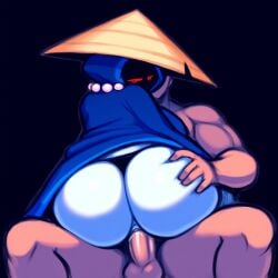 1boy 1boy1girl 1girls ai_generated ass bead_necklace big_ass black_background blue_clothing cloak cold_shrike devolver_digital duo faceless_male female hood human human_only looking_at_viewer looking_back male male/female muscular muscular_male necklace novelai pale_skin penetration penis penis_in_pussy plump pussy rear_view red_eyes rice_hat robe self_upload sex simple_background sitting_on_lap slightly_chubby the_messenger the_shopkeeper_(the_messenger) thong vaginal_penetration