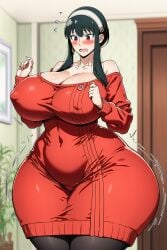 ai_generated blush cleavage flustered goldencum34 huge_ass huge_breasts huge_butt navel_visible_through_clothes spy_x_family thick_thighs wide_hips yor_briar yor_forger