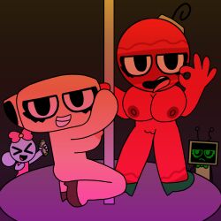4girls blowjob_gesture bobette_(dandy's_world) dandy's_world female female_only large_breasts money mp1yftfs_(artist) naked_female poppy_(dandy's_world) roblox shelly_(dandy's_world) shoes_only strip_club stripper_pole vee_(dandy's_world)