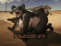 absurd_res all_fours anthro ass band1tnsfw belly bethesda_game_studios big_breasts big_butt big_horn breasts claws clothing curved_horn deathclaw desert dialogue dialogue_box digital_drawing_(artwork) digital_media_(artwork) earless english_text eyelashes facial_piercing fallout female female_anthro footwear glowing glowing_eyes hi_res high_heels horn huge_breasts lipless lizard long_eyelashes long_nails long_tail looking_at_viewer microsoft nose_piercing nose_ring nude nude_anthro nude_female orange_eyes outside overweight overweight_anthro overweight_female piercing portrait reptile ring_piercing scalie scar shoes solo tail text wide_hipped_anthro wide_hipped_female wide_hips