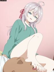 1boy1girl ahoge ai_generated alisa_mikhailovna_kujou bald bald_male barefoot blue_eyes clothed clothing dark-skinned_male faceless_male feet fetish foot_fetish foot_lick hair_ribbon legs licking_foot light-skinned_female long_hair lunarart roshidere silver_hair smile straight straight_hair thighs toenails toes tokidoki_bosotto_russian_de_dereru_tonari_no_alya-san