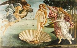 1boy 3girls 3girls1boy areola areolae birth_of_venus fine_art flowers medium_breasts multiple_girls mythology navel nudity painting painting_(artwork) red_hair roman_mythology sandro_botticelli sea_shell shell the_birth_of_venus traditional_media traditional_media_(artwork) tree venus