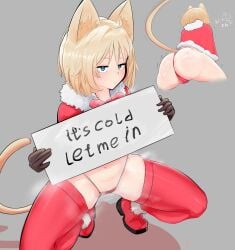 big_ass bikini bikini_bottom blonde_hair cat_ears cat_tail catgirl hiki21 hikiart holding_object looking_at_viewer new_year no_background partially_clothed short_hair small_breasts squatting thighhighs wide_hips