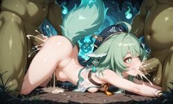 ai_generated covered_in_cum cum_in_pussy cumdump excessive_cum gangbang huohuo_(honkai:_star_rail) inflation male male/female orc orc_male orc_on_human size_difference small_breasts spitroast stomach_bulge straight vaginal_penetration