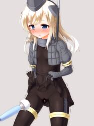 /\/\/\ black_dress black_legwear blonde_hair blue_eyes blush cameltoe covered_navel cowboy_shot cropped_jacket dress dress_lift faubynet female garrison_cap gloves grey_background hat headgear highres hitachi_magic_wand kantai_collection long_hair military military_hat military_uniform open_mouth pantyhose puffy_sleeves pussy_juice pussy_juice_stain pussy_juice_trail simple_background solo u-511_(kantai_collection) uniform vibrator