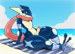 alex_(mclarensenna18) anthro beach_towel blue_eyes emmet_twunks erection femboy generation_6_pokemon genitals greninja hi_res jewelry male necklace nintendo nude penis pokemon pokemon_(species) sand sea seaside sigh sky solo thick_thighs towel water wet wet_body wide_hips