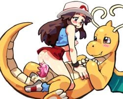animal_genitalia barbed_penis blush breasts breasts_out brown_eyes brown_hair clothed_sex clothing dragon dragonite game_freak hat leaf_(pokemon) lu_blu nintendo nipples penetration penis pokemon pokemon_(species) pokemon_frlg pokephilia pussy riding_penis shirt shoes wings