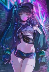 against_wall ai ai-created ai_art ai_assisted ai_generated bubble_gum fishnet_clothing graffiti graffiti_on_wall peace_sign qingyi_(zenless_zone_zero) robot_girl tagme yuneillusts