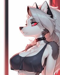 1girls ai_generated anthro breasts canid canine collar female furry hellhound helluva_boss hi_res long_hair looking_away loona_(helluva_boss) mammal no_bra red_eyes solo spiked_collar tagme wolf wolf_girl