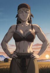 ai_generated armpit armpits bandana bare_shoulders belly belly_button blonde_female blonde_hair blonde_hair_female blue_eyes bra breasts breasts_out cleavage female fit fit_female half-dressed half_naked hands_on_hips light-skinned_female looking_at_viewer muscle_mommy muscular muscular_female navel nordic nordinex5 norse_woman outdoors pale-skinned_female sidelocks skirt stable_diffusion storm toned toned_body toned_female toned_stomach topless topless_female tummy viking_female vinland_saga ylva_(vinland_saga)