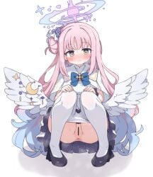 aku0 angel_wings anus bar_censor blue_archive blue_bow blue_bowtie blue_hair blush bow bowtie capelet censored dress female hair_bun halo highres long_hair mika_(blue_archive) multicolored_hair pantyhose pink_hair pink_halo pussy simple_background solo squatting sweat white_background white_capelet white_dress white_pantyhose wings yellow_eyes
