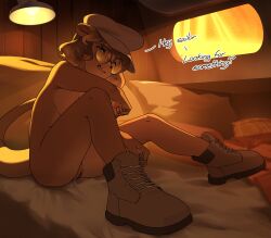 absurd_res anthro bed bodily_fluids boots breasts brown_body brown_fur clothing dialogue english_text eyewear female footwear fur furniture genital_fluids genitals glasses grin hat headgear headwear hi_res inside lamp looking_at_viewer mammal mostly_nude_anthro mostly_nude_female mustelid on_bed otter pussy round_glasses shoes smile solo text vaginal_fluids wearing_glasses window yagihorns