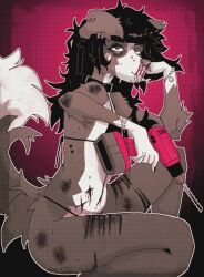 anthro ass bent_arm bent_leg bikini black_bikini black_clothing black_collar black_hair black_swimwear blood bodily_fluids bracelet bruised bruised_arm bruised_butt bruised_eye canid canine clothing collar dithering drill ear_piercing facial_piercing female gradient_background hair hand_on_face holding_drill holding_object humanoid jewelry mammal medium_hair messy_hair midizuid monochrome multicolored_body nose_piercing nosebleed piercing red_background restricted_palette self-harm simple_background sitting solo sweat sweatdrop swimwear tongue tongue_out two-piece_swimsuit two_tone_body two_tone_tail wounded