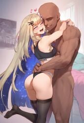 1boy 1girls ai_generated amanogawa_shiina blacked blacked_clothing blonde_hair blue_eyes dark-skinned_male dark_skin female female_only geo-san geosan light-skinned_female light_skin male phase_connect smile underwear virtual_youtuber
