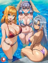 3girls a_(xenoblade) ai_generated bikini blonde_hair blue_eyes choker cleavage core_crystal curvaceous curvy curvy_figure expressionless female female_only fiora_(xenoblade) green_eyes hair_braid hair_ornament head_wings huge_ass huge_breasts long_hair looking_at_viewer looking_back medium_hair melia_antiqua monolith_soft necklace nintendo novelai partially_submerged pool poolside short_hair silver_hair single_earring sitting smile swimming_pool swimsuit two-piece_swimsuit vermadis2x voluptuous voluptuous_female water wide_hips xenoblade_(series) xenoblade_chronicles_(series) yellow_hair