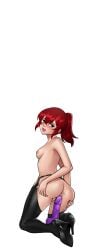:d anal anal_object_insertion anus ass black_background black_footwear black_thighhighs blush breasts cg dildo dildo_riding female from_behind full_body fuyumi_(hentai_heroes) garter_belt garter_straps hair_between_eyes hentai_heroes high_heels kinkoid kneeling long_hair looking_at_viewer looking_back masturbation medium_breasts nipples nude object_insertion official_art open_mouth panties parody ponytail pussy pussy_juice red_eyes red_hair sex_toy small_breasts smile solo strap-on sweat thighhighs topless uncensored underwear vaginal_object_insertion vaginal_penetration vibrator